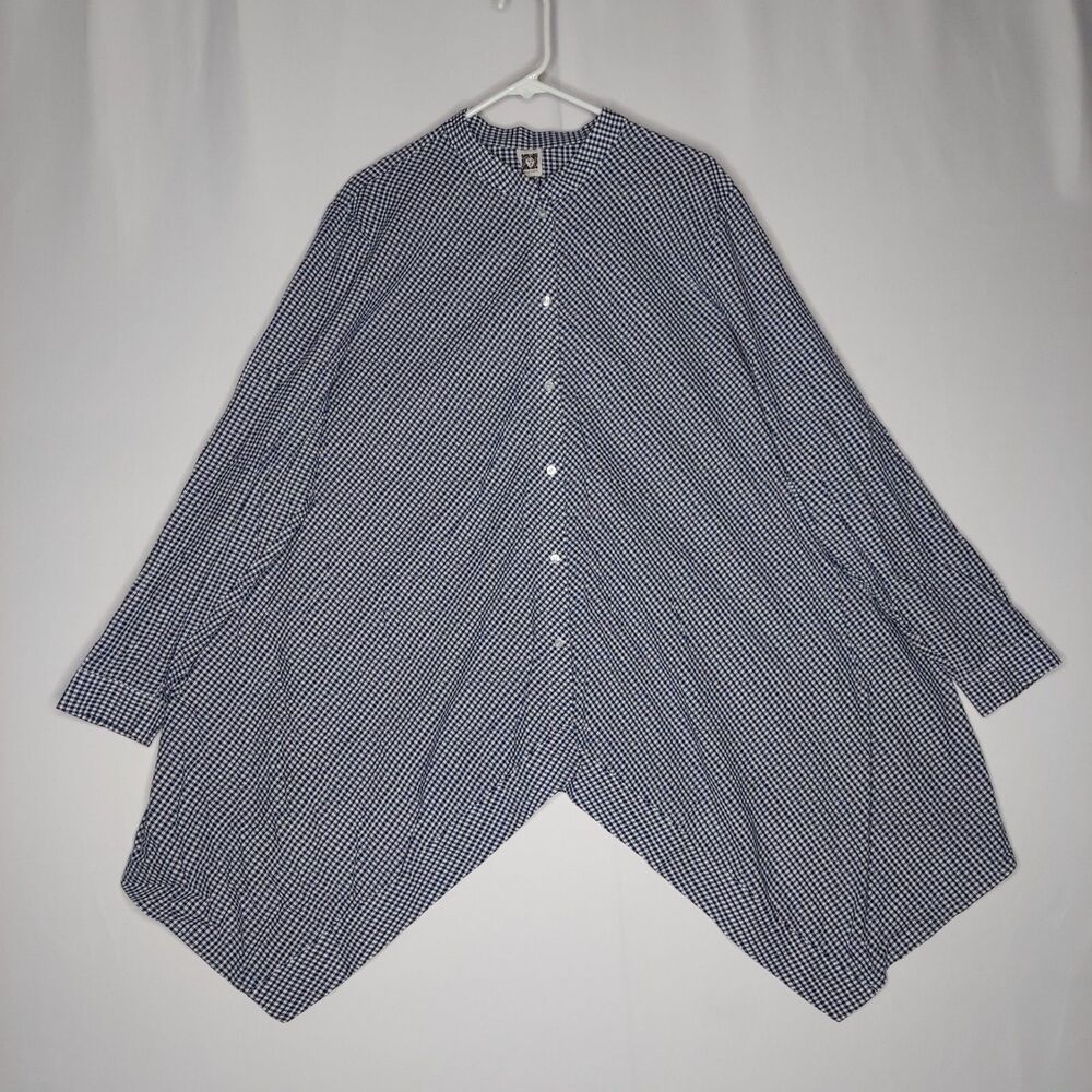 Anne Klein Tunic Button Top Women 3X Blue Gingham Mandarin V-Cut Hem Long Sleeve
